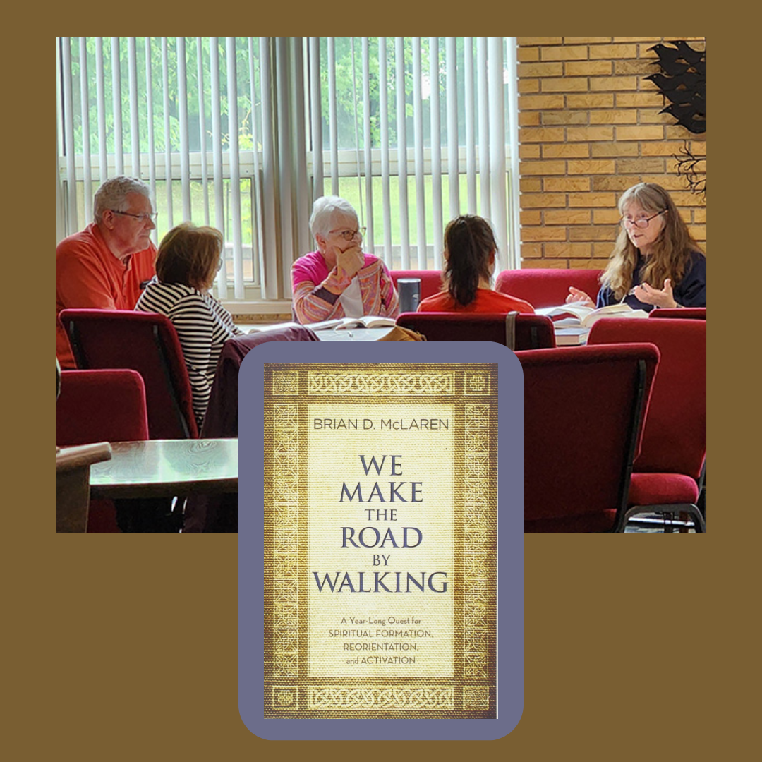 cover of the book We Make the Road by Walking in the foreground of a group of HTLC studying the book as group