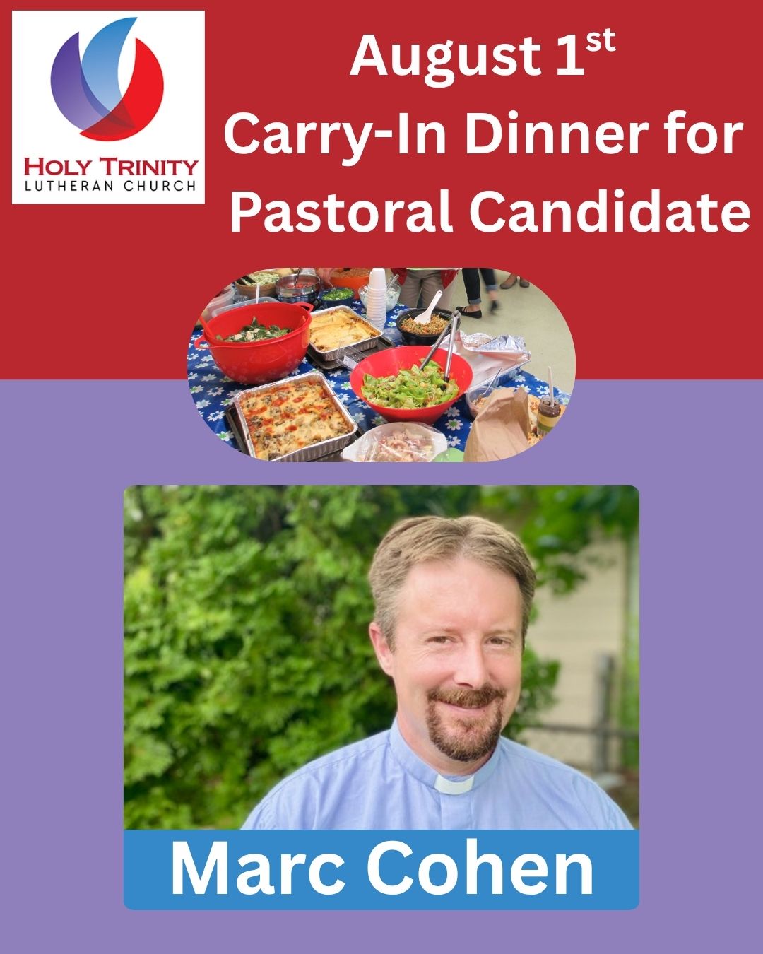 Holy Trinity Lutheran Church logo, August 1st carry-in dinner for pastoral candidate Marc Cohen