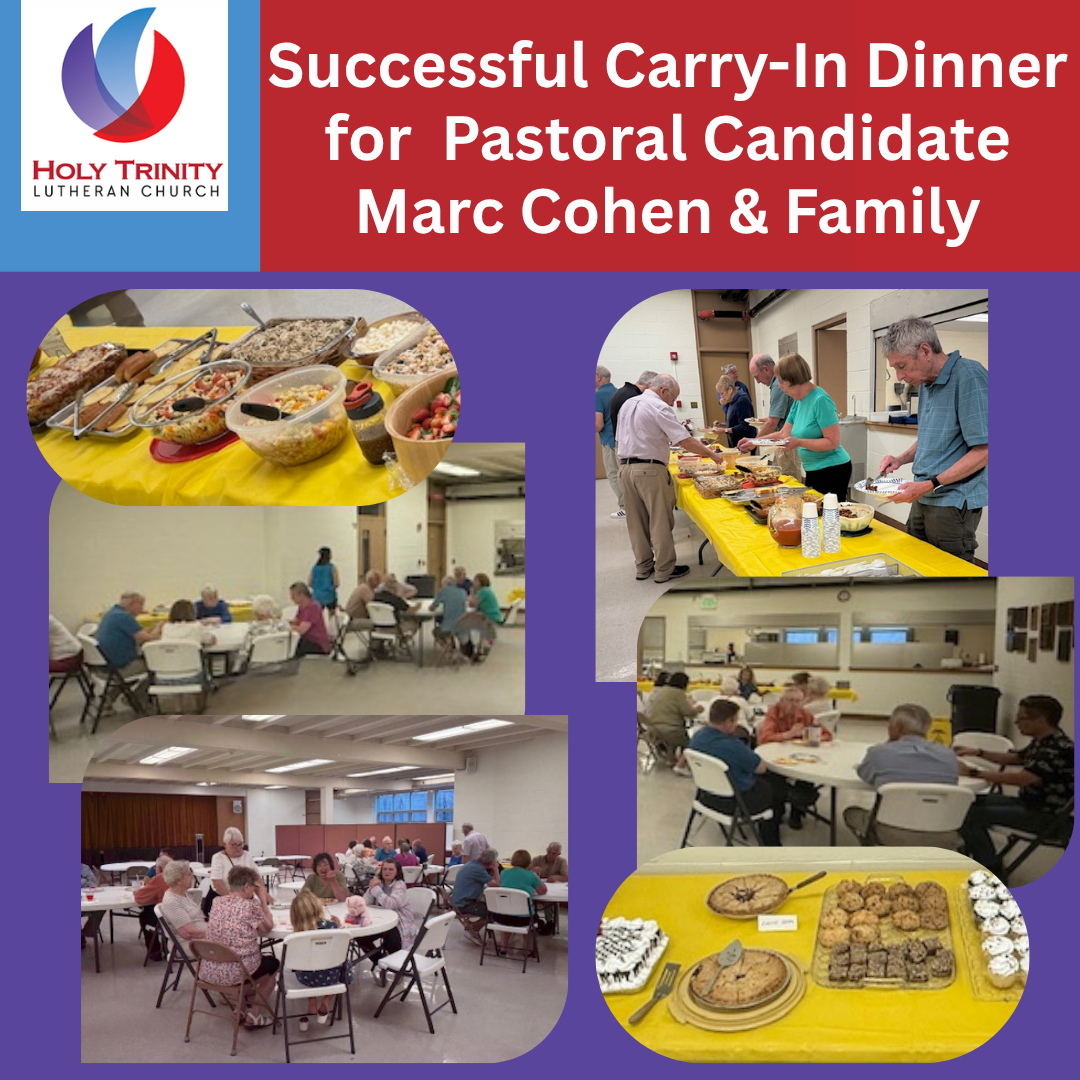 collage of photos at August 1st carry in dinner for pastoral candidate Marc Cohen