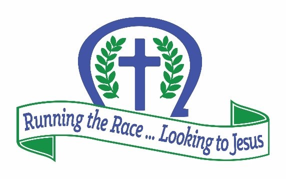 2021 Convention logo with cross, laurel leaves, horseshoe, and banner with the words Running the Race … Looking to Jesus