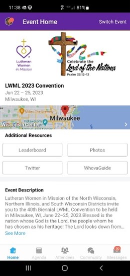 screenshot of LWML's Whova app homepage